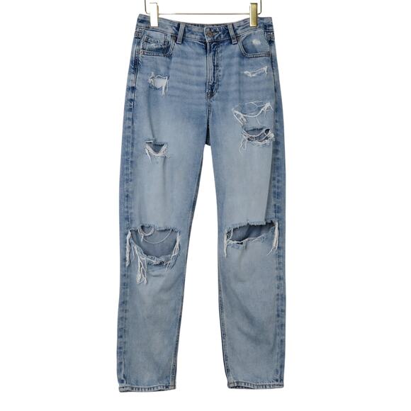 American Eagle Mom Straight Jeans Ripped High Rise Mom Jeans Size 4 Medium Wash - Picture 2 of 7